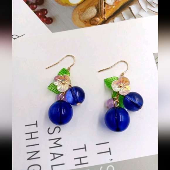 Blue Glass Ball With Flower's Earrings - Picture 1 of 3